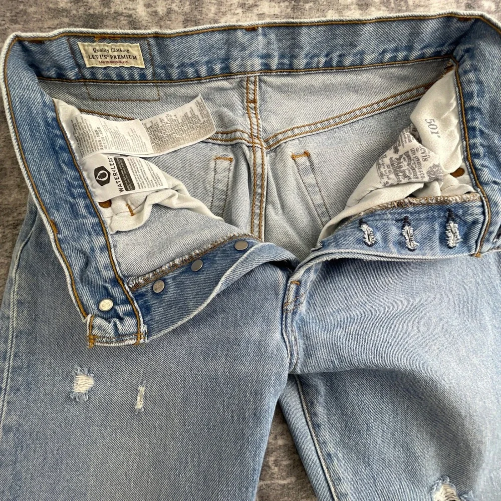 Levi's Mens W28 L30 501 Original Fit Distressed Jeans Light Blue Denim Ripped